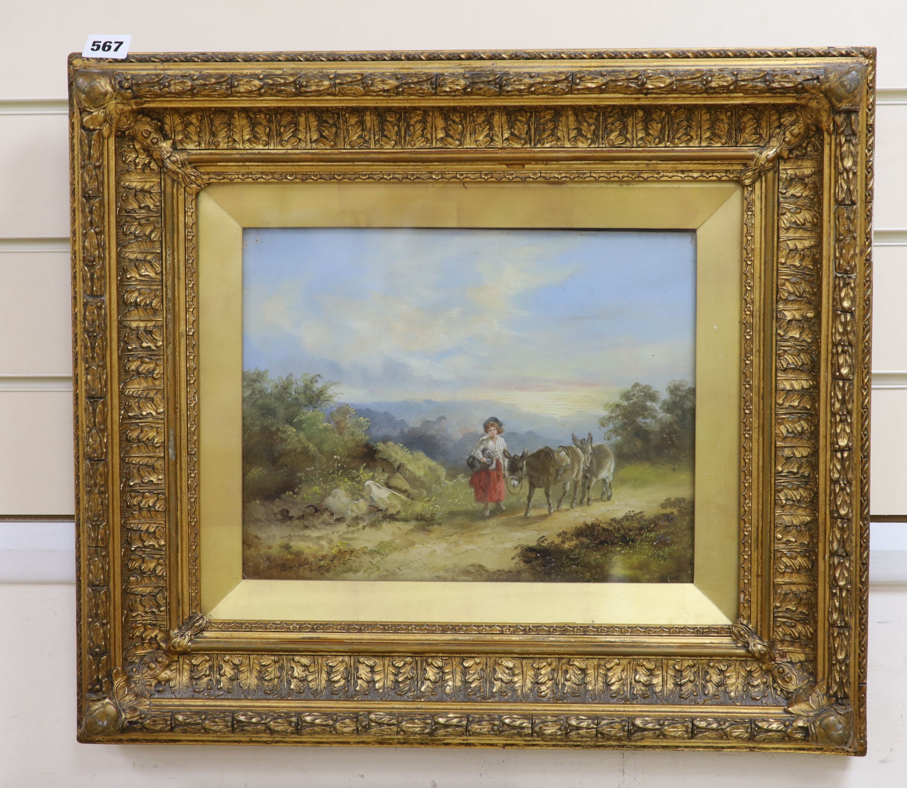 English School, oil on board, Woman leading donkeys in a landscape, indistinctly signed, 24 x 31cm